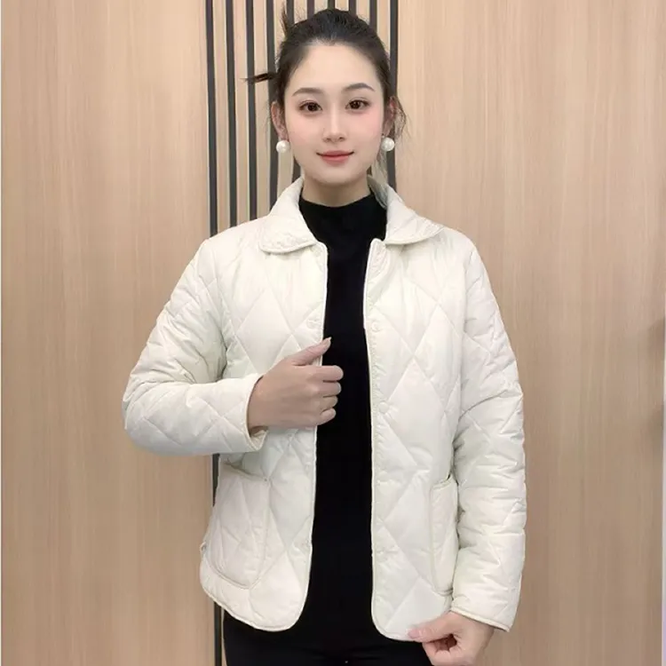 袖时尚修身单股包女长边翻领显瘦菱格锁温棉衣常规保暖格纹棉服