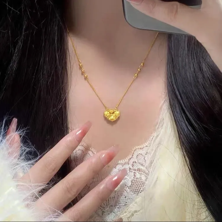 铜合金项链 锦鲤如意锁包项链复古典新中式双鱼莲花锁骨套链