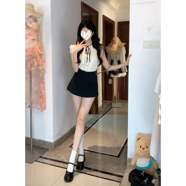甜美木耳花边立领衬衫女短袖设计感系带蝴蝶结飞飞袖上衣套装1490
