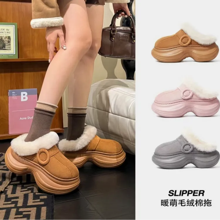 冬款新款暖萌毛绒女款棉拖鞋保暖舒适可爱厚底居家外穿