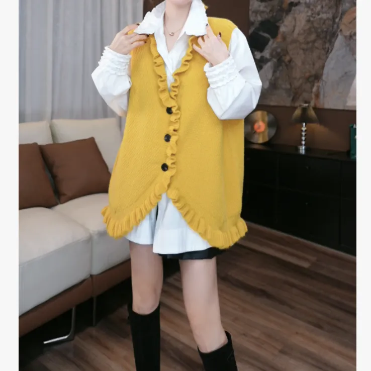 【鑫蕾】新款马甲法式设计荷叶边学院风针织马甲9207