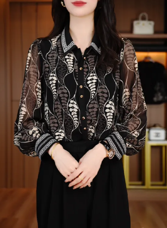 新款印花长袖气质复古宽松型衬衫洋气上衣不起球V25D0211