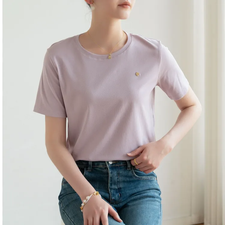 樱花紫2025夏季休闲百搭简约款式圆领微宽松短袖t恤女草莓CM-1
