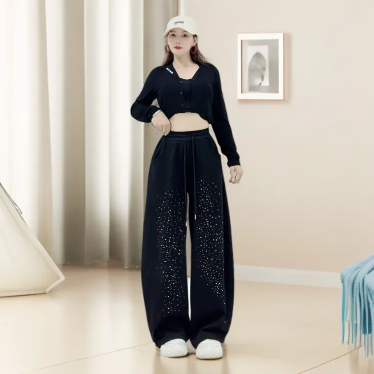 2509街舞潮牌春秋烫钻休闲舞蹈长裤嘻哈风抽绳高腰运动长裤