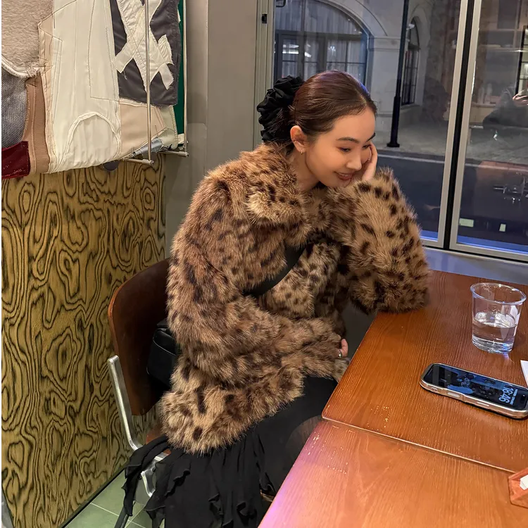 人造皮草 笑笑同款豹纹中长款翻领毛毛环保皮草外套洋气冬季新款