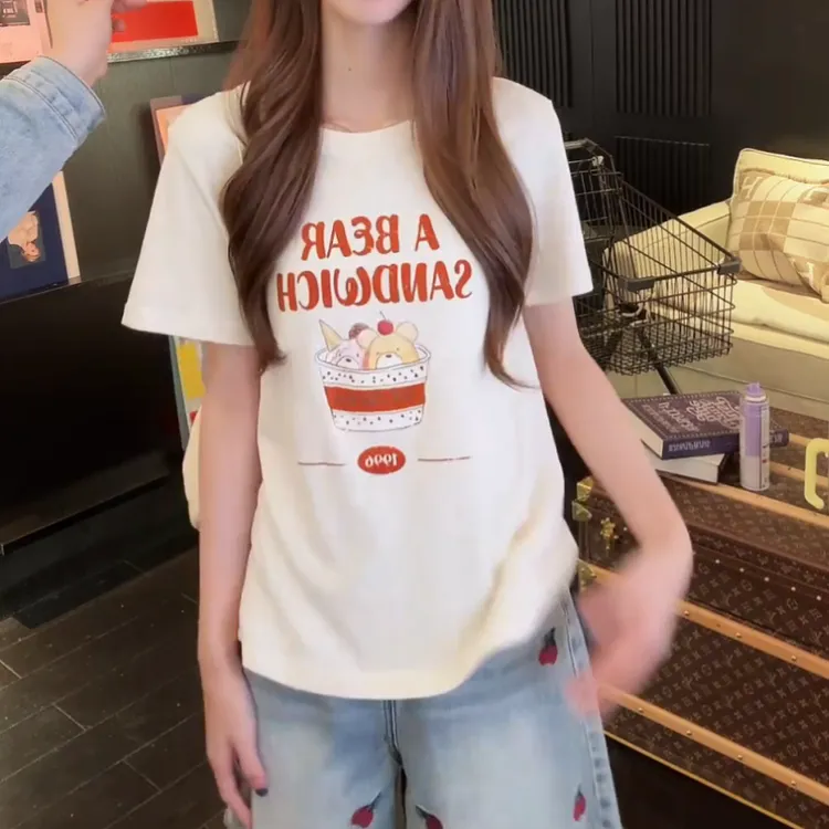 新款软萌小熊印花短袖+复古水洗毛边牛仔短裤LK2503356