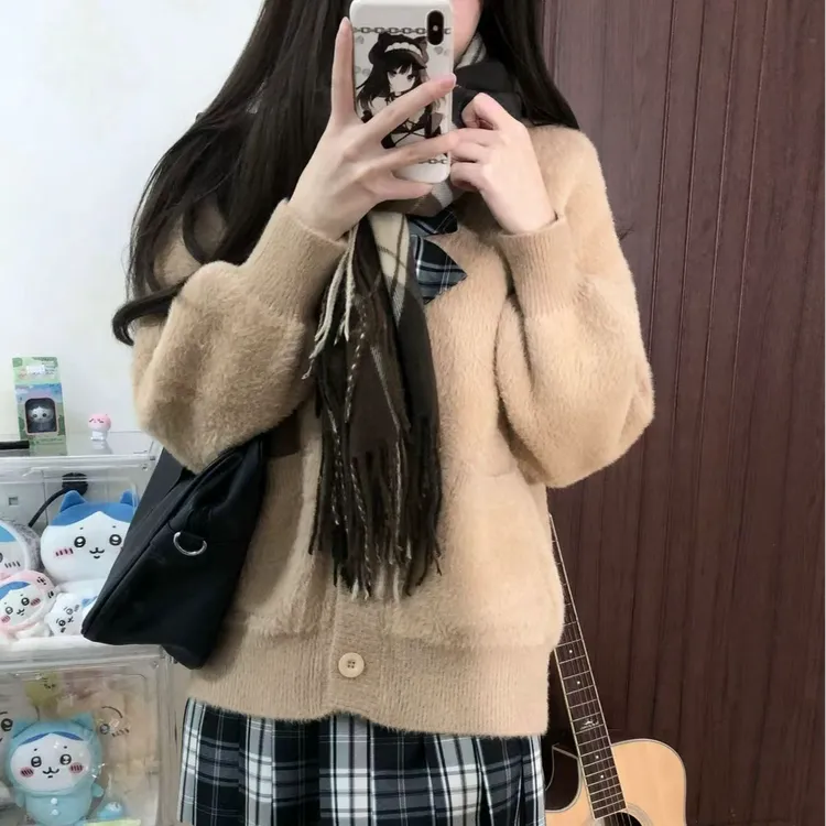 jk女装学院毛茸茸保暖高克重开衫外套秋冬加厚宽松