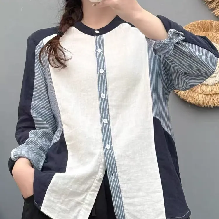 5900*长袖条纹女士撞色宽松衬衫休闲洋气显瘦上衣百搭拼接