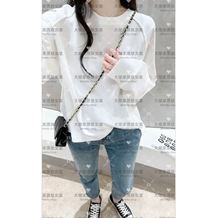 白色长袖T恤女秋冬宽松百搭圆领简约休闲插肩袖内搭上衣卫衣打底