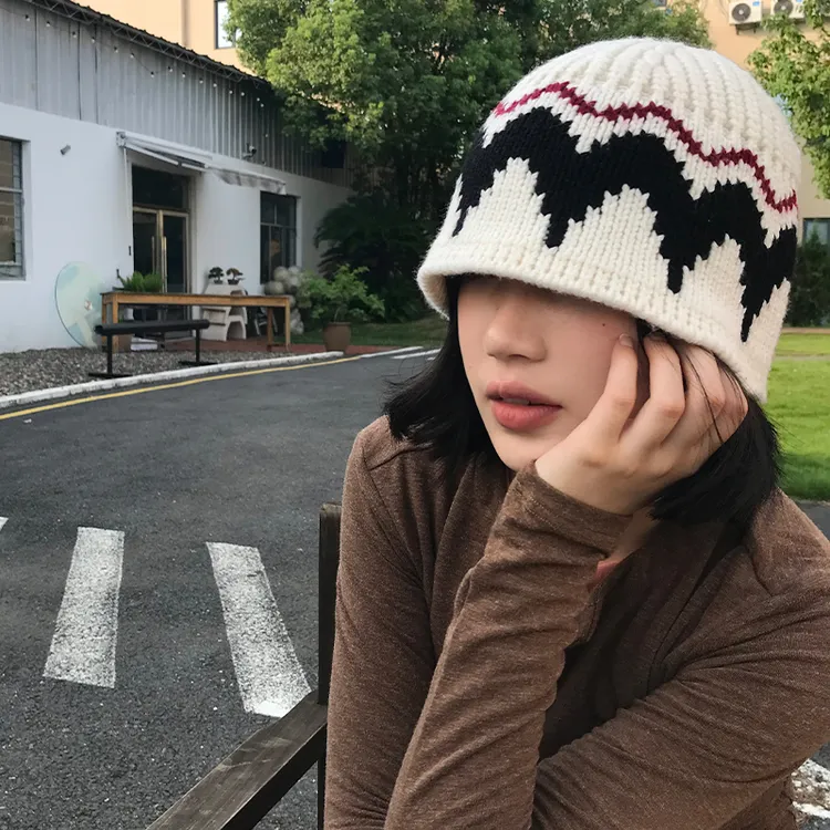复古提花针织渔夫帽女秋冬费尔岛风保暖套头帽显脸小护耳毛线帽子