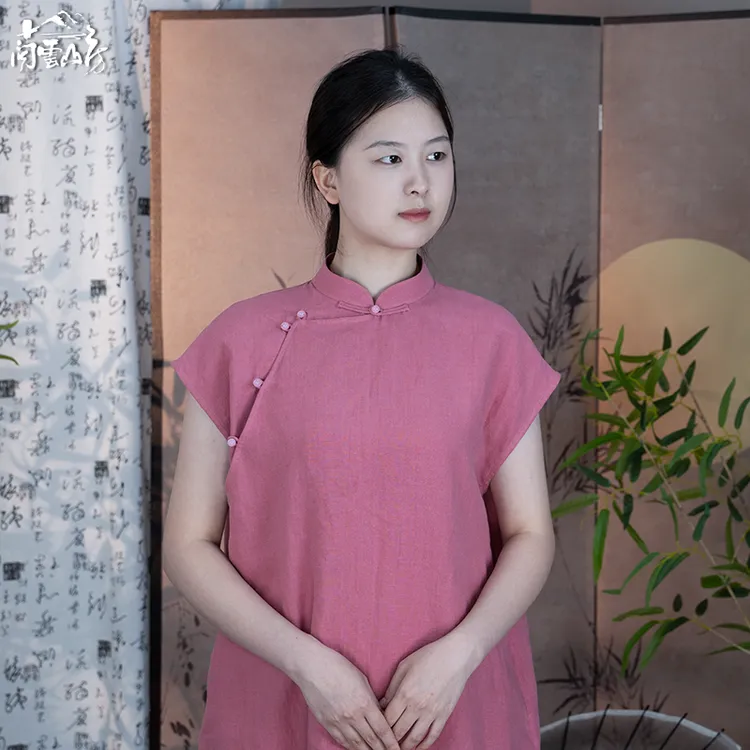 问云山房【经典】纯色斜襟旗袍款100%亚麻连衣裙夏装中国风
