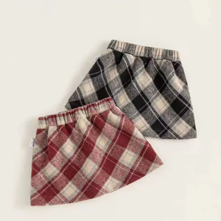 女童半身裙儿童春秋冬款简约时髦格子裙女宝宝毛呢复古A字短裙