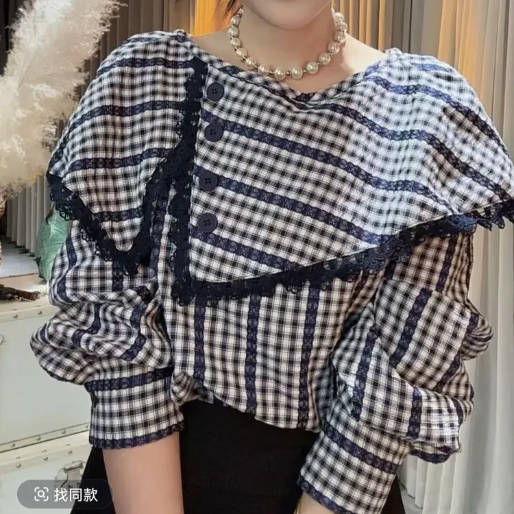 春季新款时尚韩系洋气格纹设计感不规则翻领气质长袖衬衫格子