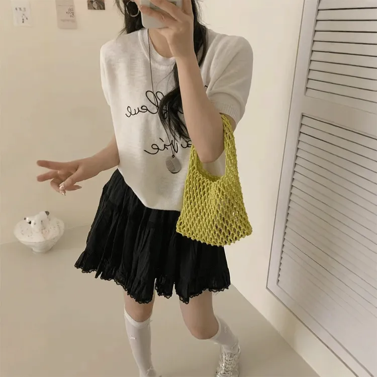 夏季薄款白色针织冰丝女士短袖t恤女2025新款正肩高级感上衣洋气