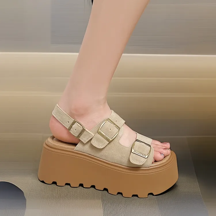 休闲软底时尚百搭夏季外穿厚底仙女露趾纯色交叉扣带舒适罗马凉鞋