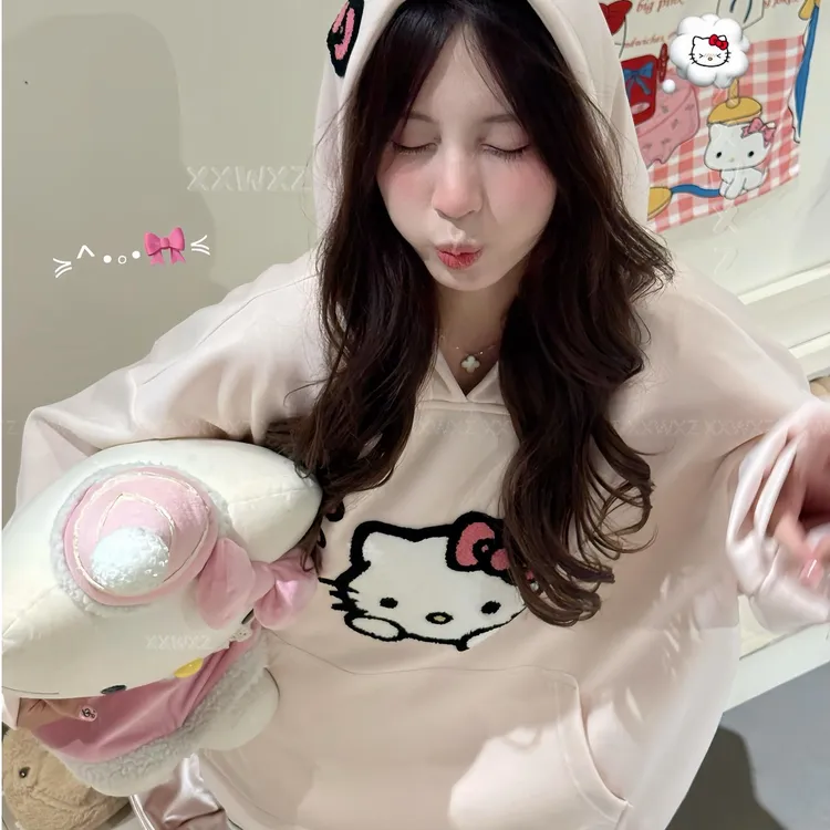 粉色连帽宽松学院风套头卫衣休闲百搭显白长袖上衣女秋刺绣kity猫