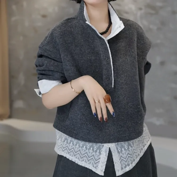 闹闹设计感蕾丝拼接厚款假两件卫衣2025冬季新款女款百搭长袖上衣