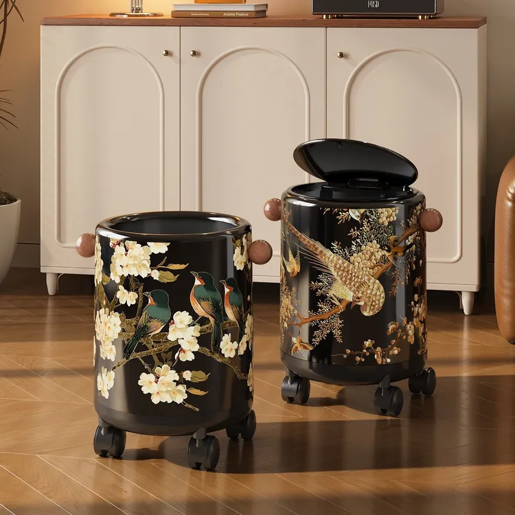 美世达中古国风垃圾桶客厅高颜值新款家用带滑轮卫生桶带盖