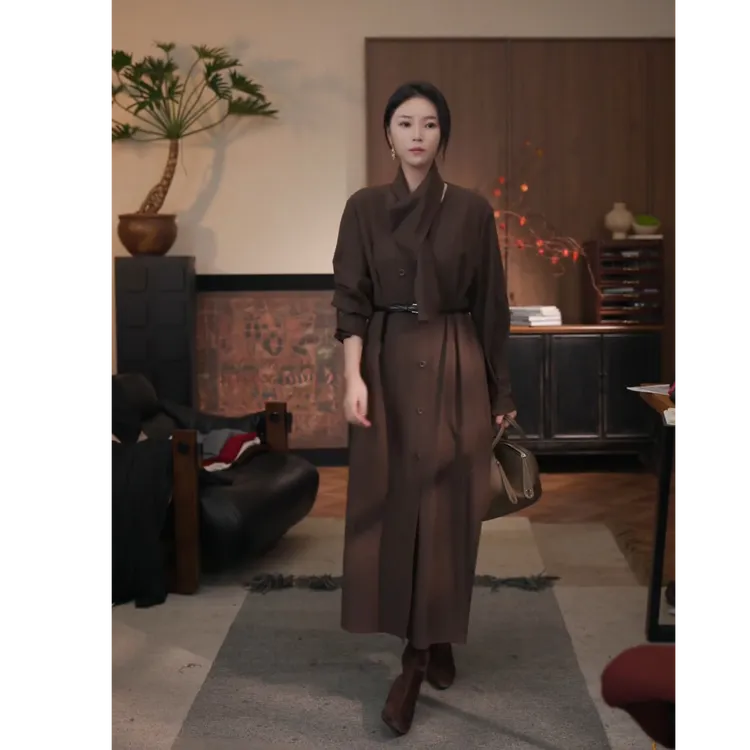 【张七七】秋款羊毛长款轻奢连衣裙真皮腰带款打底外穿时尚裙子