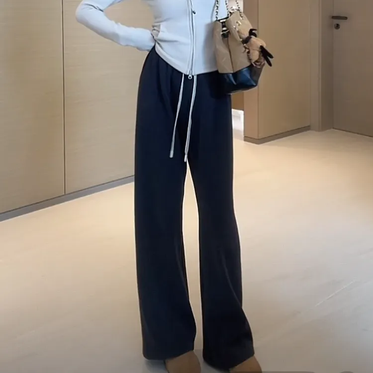 厚款显瘦百搭松紧腰垂感直筒裤2025秋冬新款时尚高腰外穿阔腿长裤