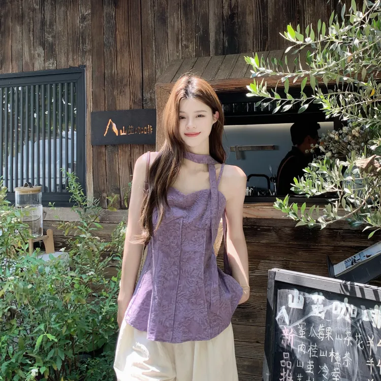 5266 夏季法式复古气质提花飘带百搭洋气吊带上衣