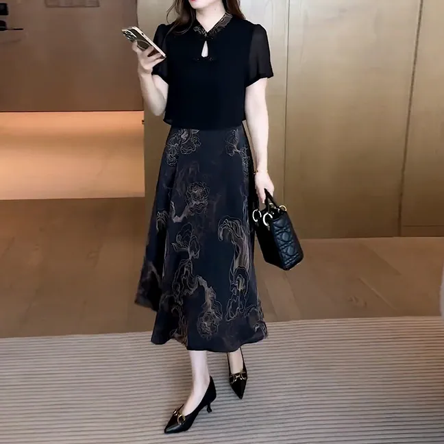 新中式连衣裙女短袖2025年夏季新款国风复古盘扣拼接遮肚显瘦裙子