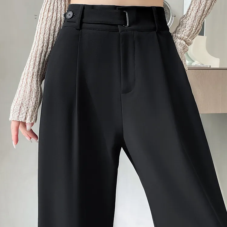 灰色高腰垂感窄版阔腿西装裤女2025春季新款小个子休闲宽松直筒裤