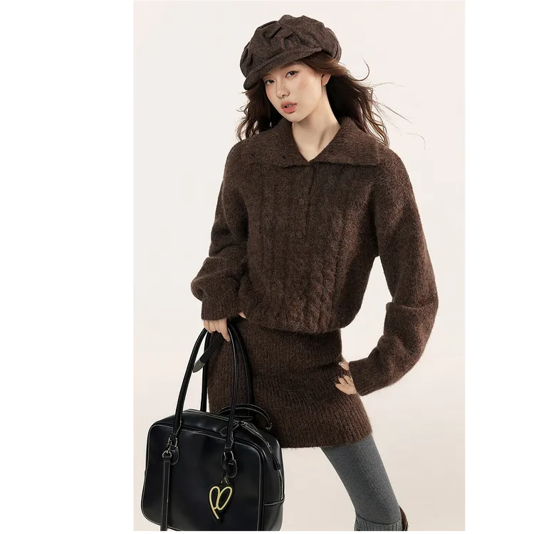 美拉德风翻领长袖毛针织衫连衣裙女秋冬收腰气质包臀连衣裙配腰带