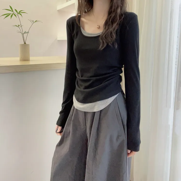 优质棉春秋冬新款简约撞色长袖假两件T恤内搭正肩显瘦上衣打底衫