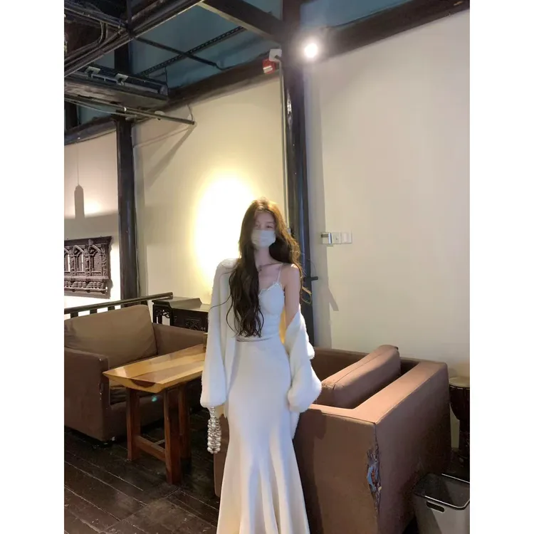 【金源宝专属】蕾丝拼接针织衫毛衣开衫秋季穿搭吊带套装+针织鱼尾A字裙Q 9535#