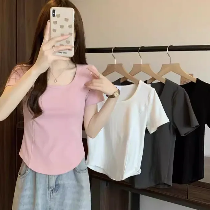 鱼骨正肩圆领短袖T恤女夏季新款不规则纯色修身上衣弧形下摆洋气