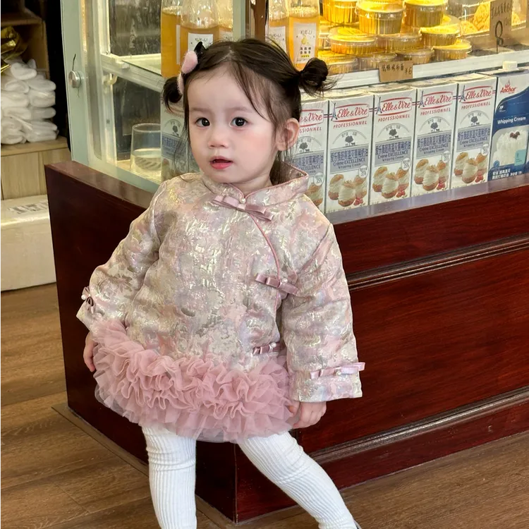 [思晨家]女童旗袍连衣裙秋冬款女宝新中式夹棉网纱周岁礼服公主裙