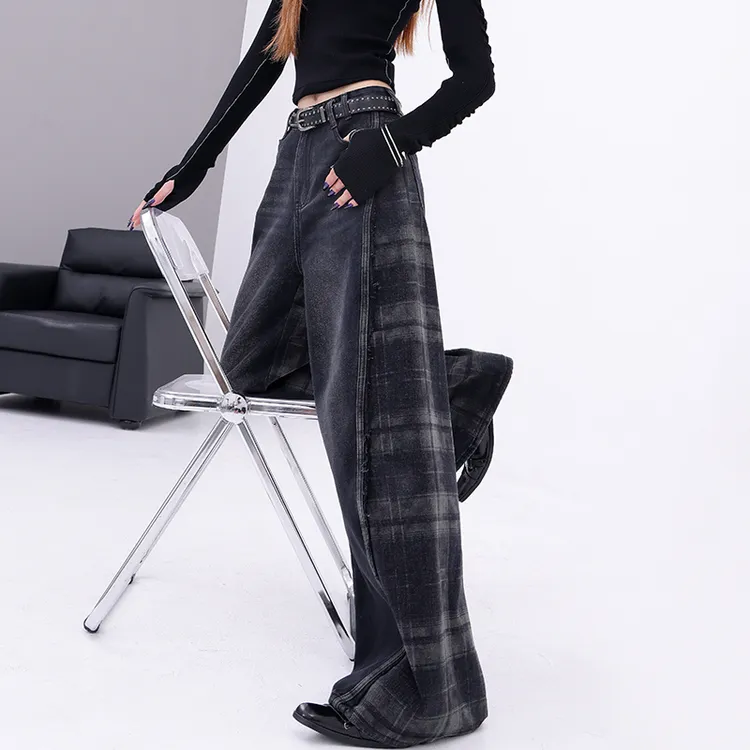 KENH复古格纹撞色拼接牛仔裤设计感女春季新款宽松垂感阔腿裤长裤