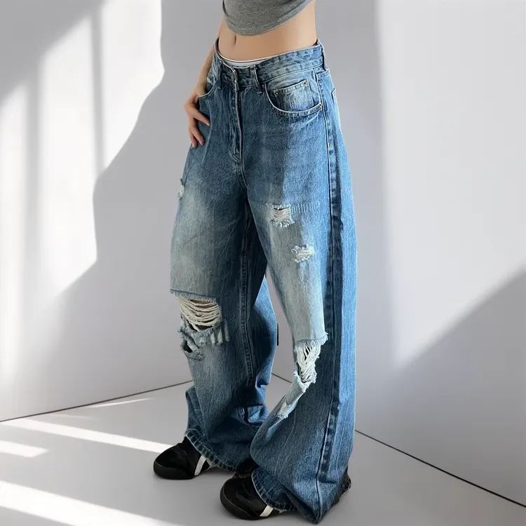 夏季新款美式破洞牛仔裤男女复古破坏宽松水洗直筒阔腿裤拖地长裤