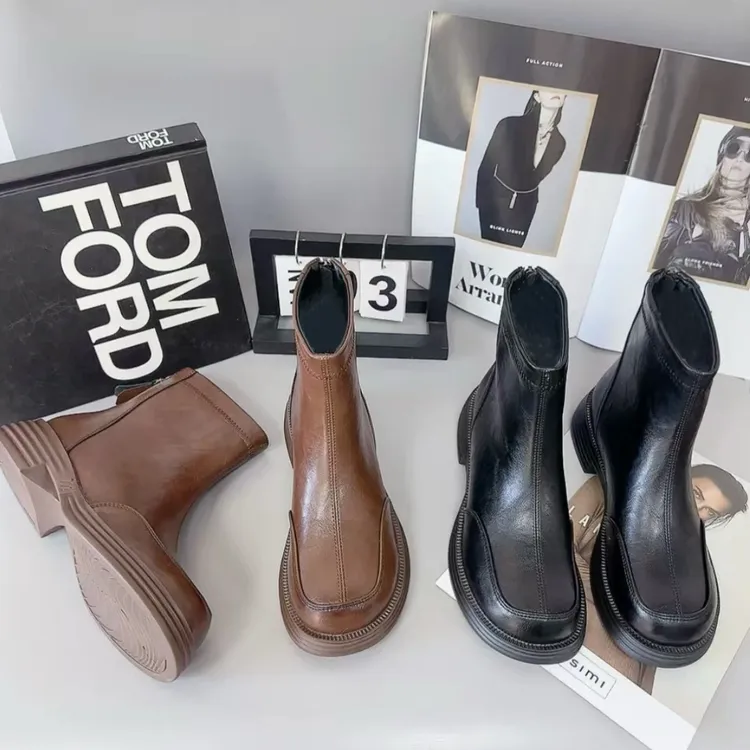 英伦复古瘦瘦靴女厚底短靴方头薄绒踝靴2937