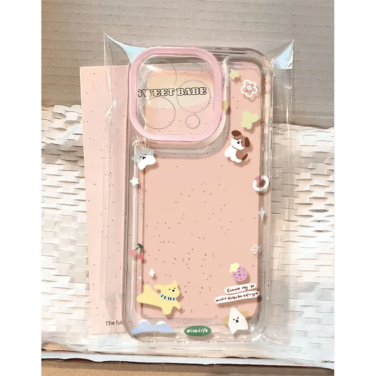 欧克里里粉框花花小狗适用苹果17/16pro手机壳华为vivo小米15oppo