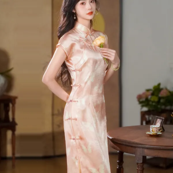 新中式年轻款旗袍复古修身日常低开叉蝴蝶长款旗袍单层中国风
