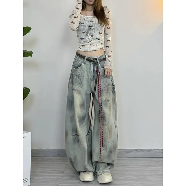 美式复古做旧高街脏色牛仔裤女2025秋季显瘦设计感宽松百搭阔腿裤