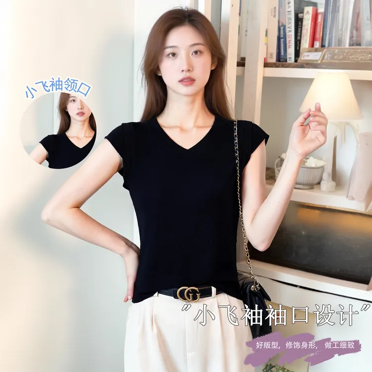 黑色V领短袖女夏季通勤修身轻熟显瘦背心上衣简约小个子小飞袖T恤