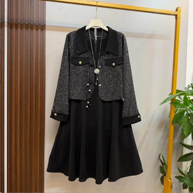 早秋新款欧货时尚微胖气质重工显瘦小香风外套十连衣裙两件套