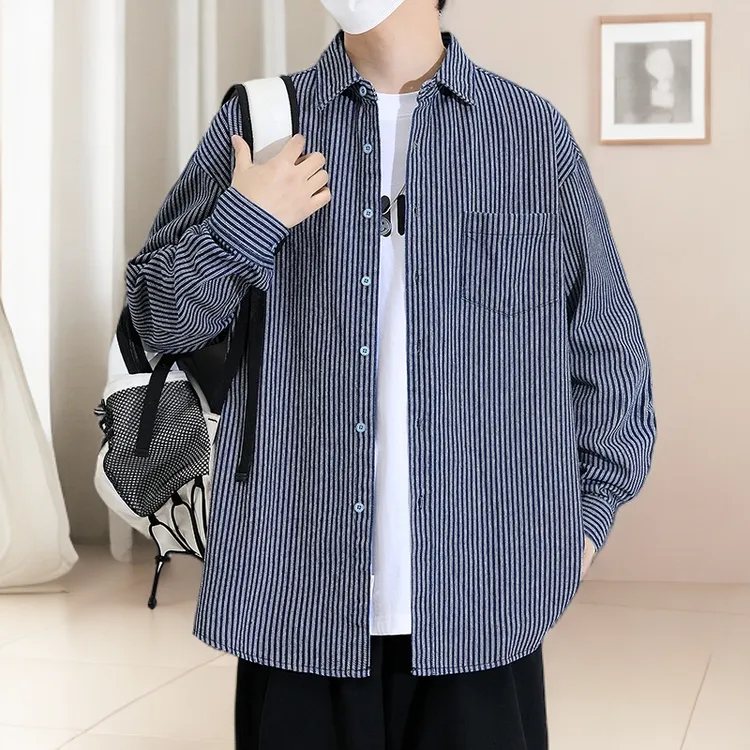 港风牛仔衬衫男条纹宽松新款男士潮流简约外套春秋打底衬衣设计感