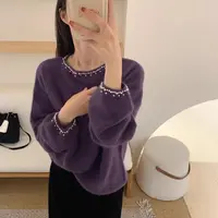 韩系温柔风时尚重工钉珠针织衫女秋冬新款宽松显瘦套头纯色毛衣女
