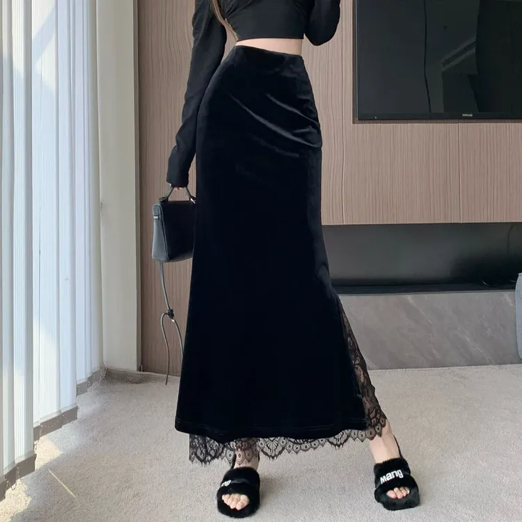 法式黑色丝绒半身裙女时尚设计感蕾丝拼接高腰显瘦开叉A字鱼尾裙