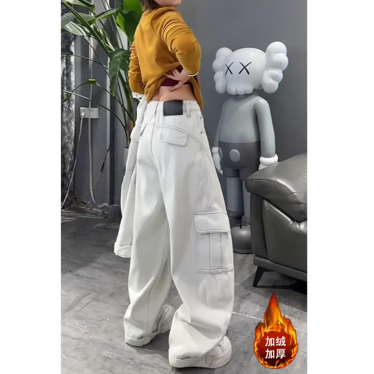 【加厚加绒】2025冬季新款挽边加绒大口袋工装牛仔裤