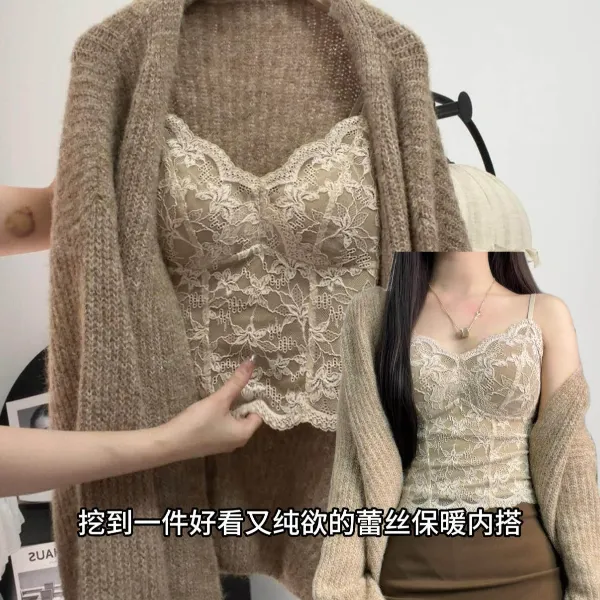 【时尚 显瘦内搭】复古V领蕾丝性感小吊带背心女带胸垫打底秋冬上衣