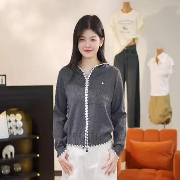 [同路暖行]迪蒙恩/纯欲风连帽宽松针织薄款女装毛针织衫长袖常规