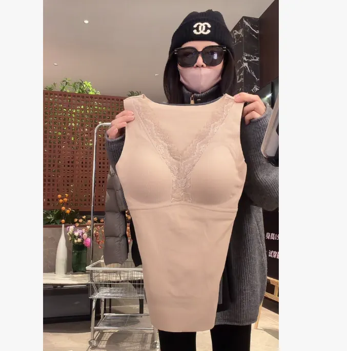 宿慕SUMU山羊绒桑蚕丝保暖背心蕾丝深V领带胸垫修身显瘦内搭045