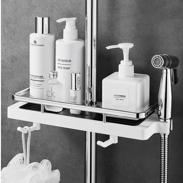 花洒置物架免打孔卫生间花洒杆浴室托盘家用淋浴间收纳放置篮挂架商品图
