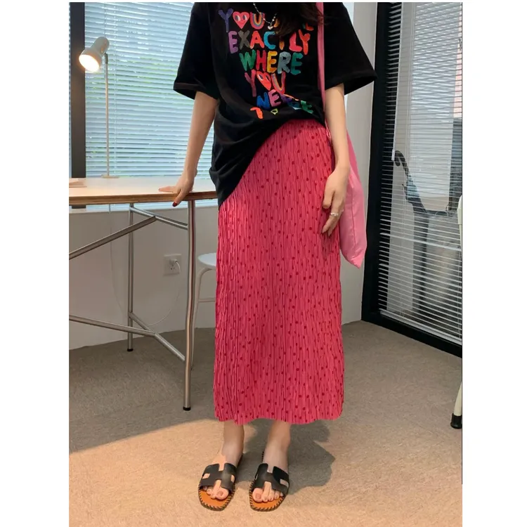 波点红色压褶皱半身裙子雪纺碎花后开叉玫红遮肉显瘦包臀裙直筒裙