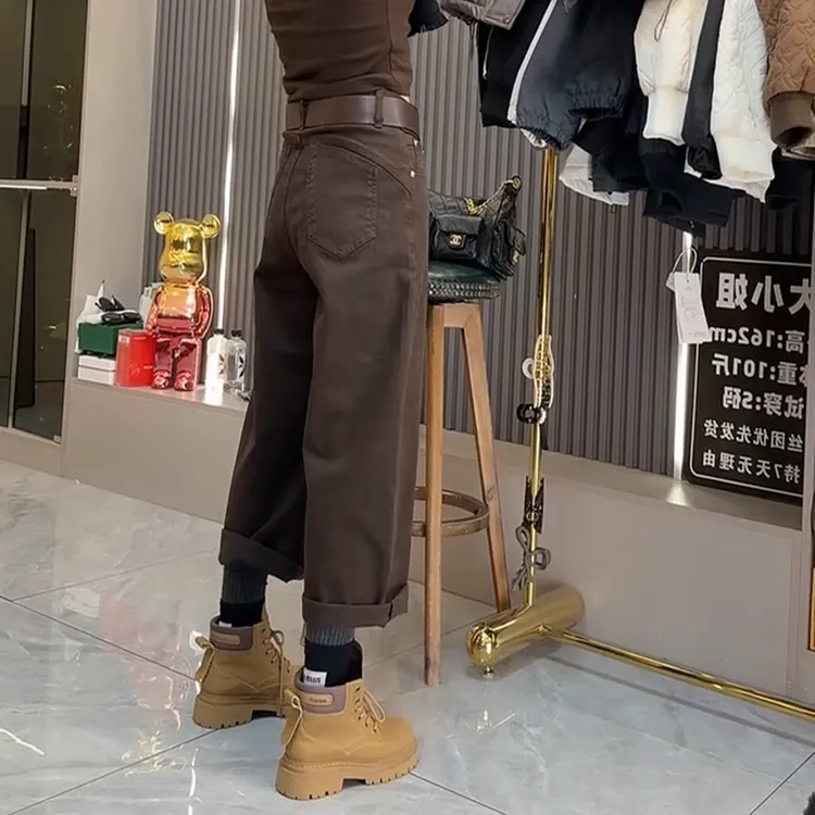 直筒工装牛仔裤女2025年秋冬新款小个子高腰显瘦九分休闲阔腿裤子